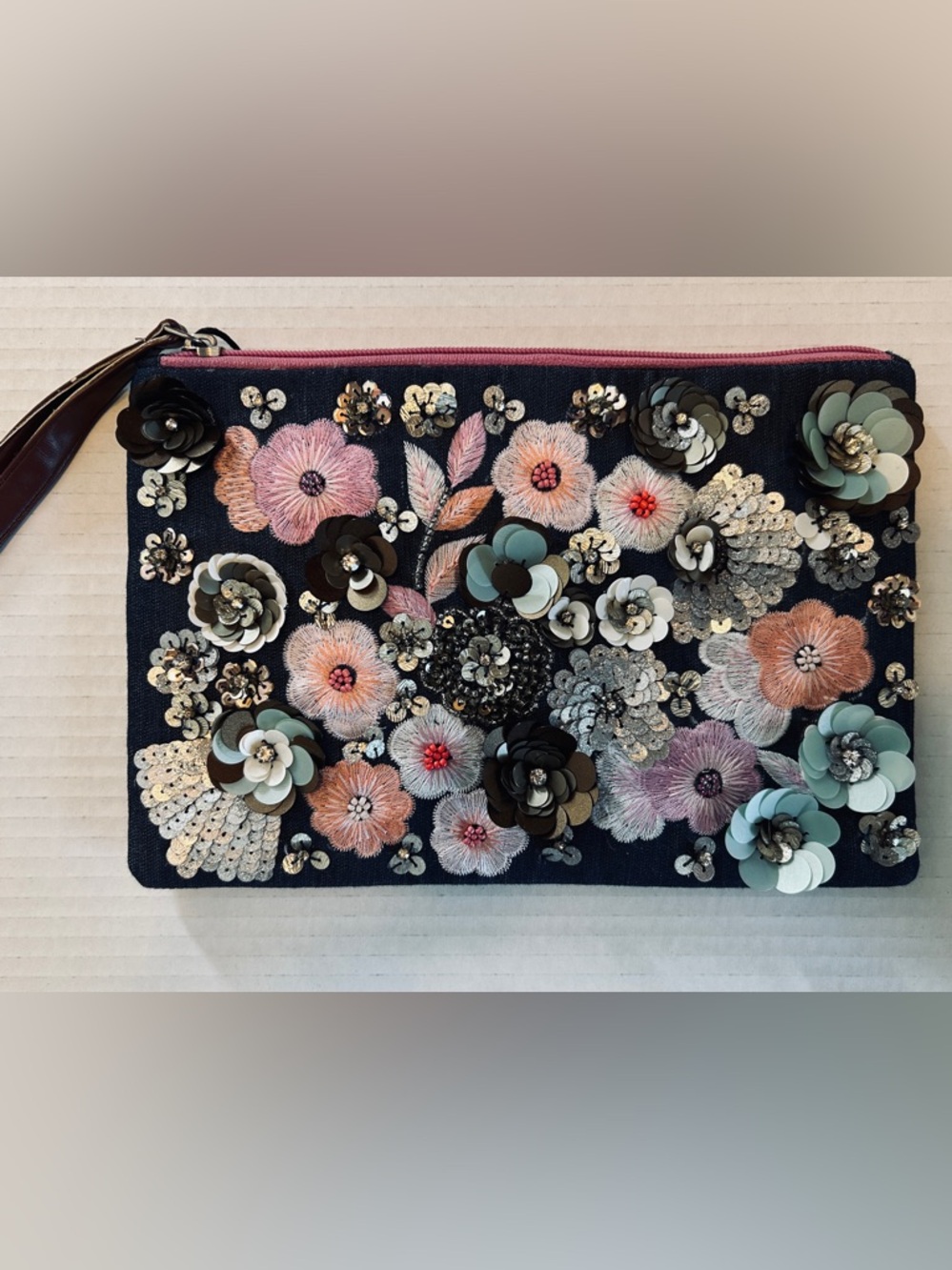 Embroidered Denim Zipper clutch with 3D Floral Embellishment. NWT